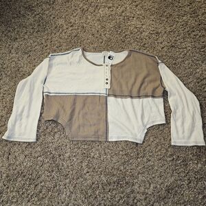 POL Medium Brown Tan Colorblock Waffle Knit Long Sleeve Top NWT Retail $55